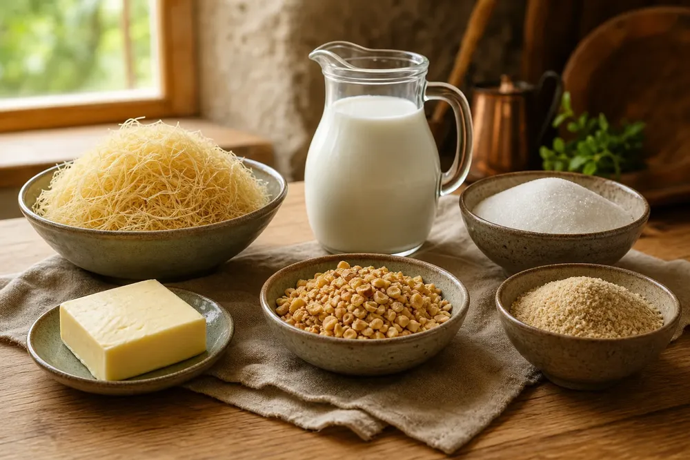 Dry shredded kadayif, butter, chopped hazelnuts, hazelnut flour, milk and sugar on a wooden counter