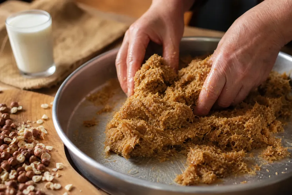 Hands kneading cooked kadayif with hazelnut flour in a tray