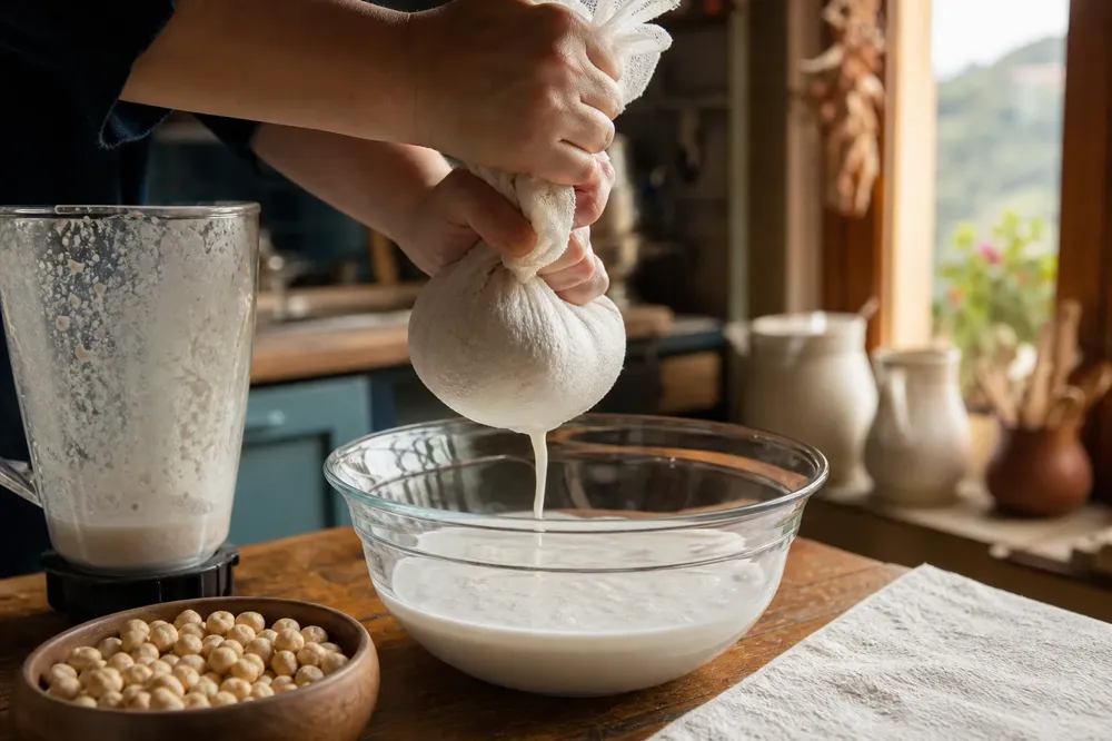 Hazelnut milk being strained through cheesecloth in a home kitchen, with a blender and soaked hazelnuts