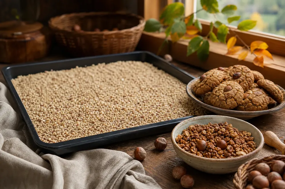 Hazelnut pulp spread on a tray, with homemade cookies and granola beside it