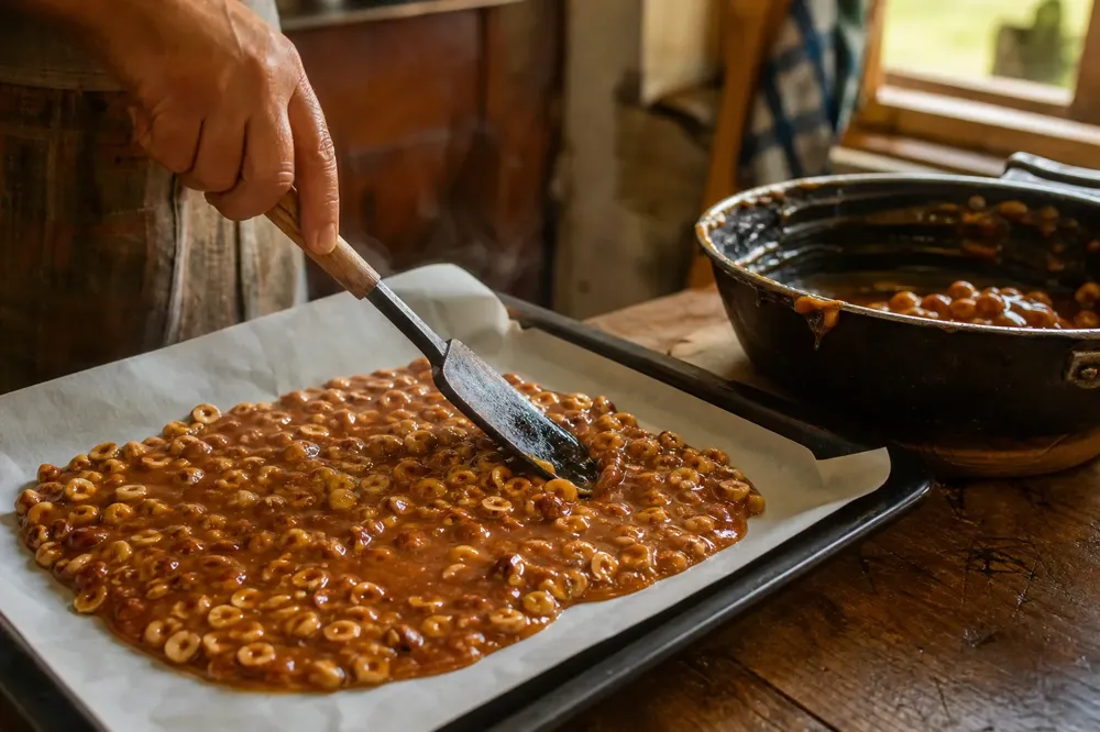 Hands spreading amber caramel with halved hazelnuts onto parchment paper with a spatula