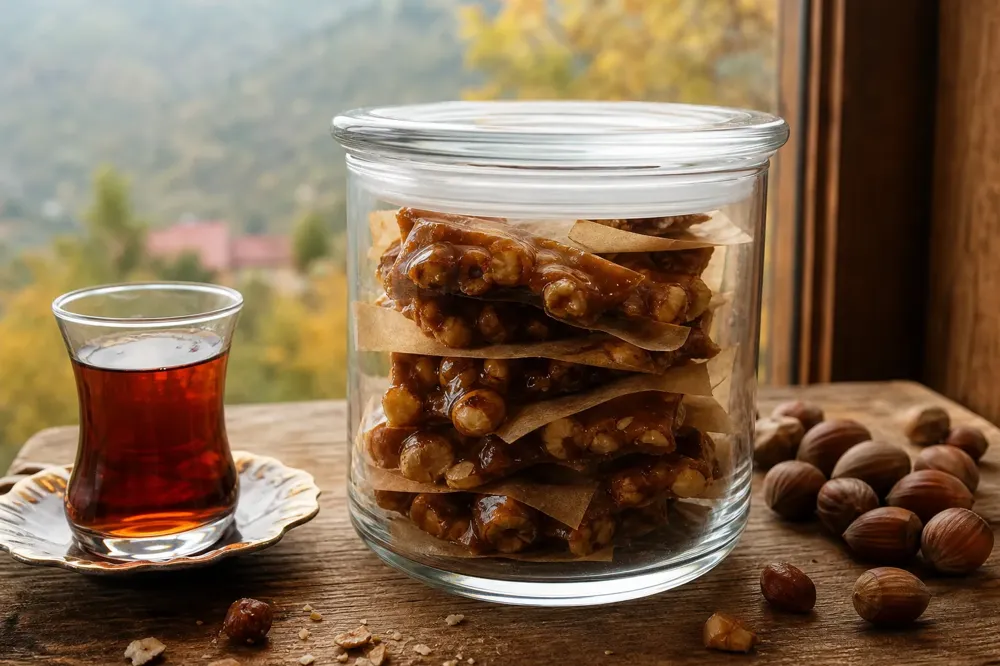 Hazelnut brittle pieces layered with parchment in a lidded glass container beside a glass of tea