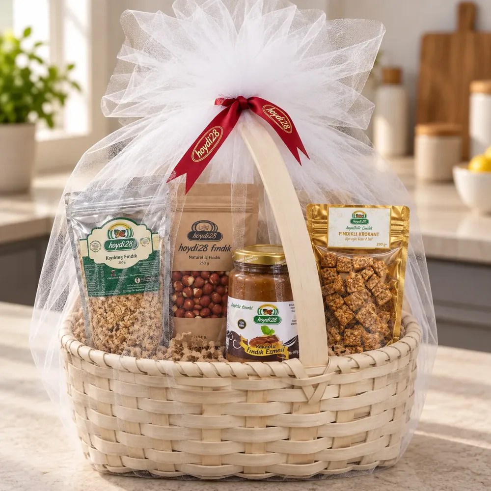 Pastacı Sepeti, 4 Ürünlük Fındık Hediyesi, Hasır Sepette Tüllü Paket